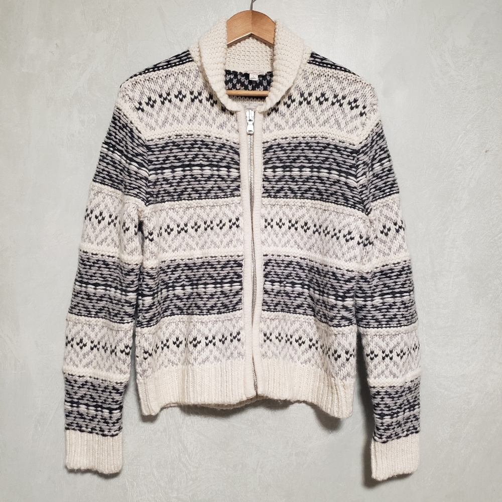 Gap Designed & Crafted White Black Gray Wool Blend Knit Full Zip Sweater